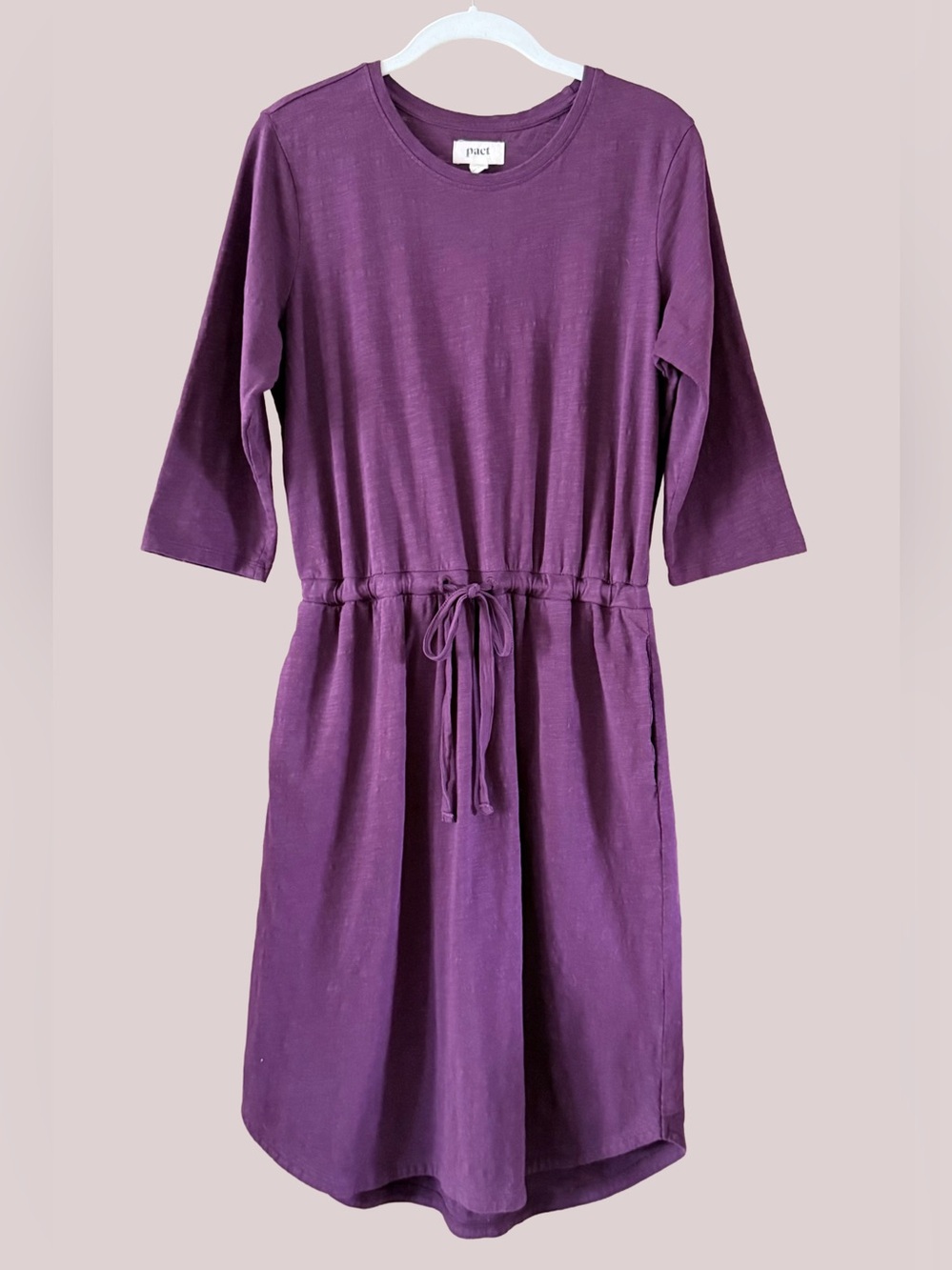 Pact Organic Tie Waist Dress Cotton Slub Purple Womens M Pockets 3/4 Sleeve Soft - Picture 1 of 12